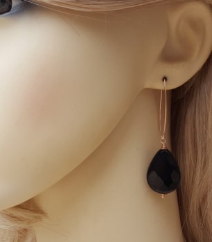 Rosé vergulde oorbellen met grote zwarte Onyx briolet