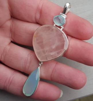 Zilveren hanger gezet met Rozenkwarts en aqua Chalcedoon