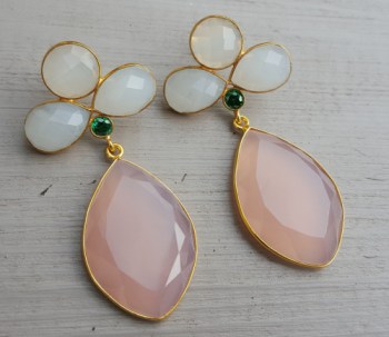 Vergulde oorbellen met wit en roze Chalcedoon en groene quartz