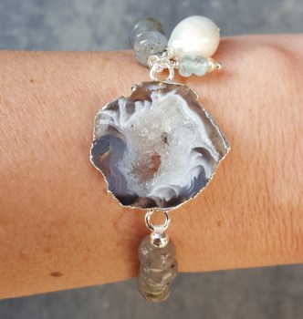 Zilveren armband met Agaat Geode, Labradoriet, Parel en Aquamari