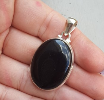 Zilveren hanger ovale cabochon zwarte Onyx