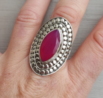 Zilveren ring marquise fuchsia roze Chalcedoon verstelbaar