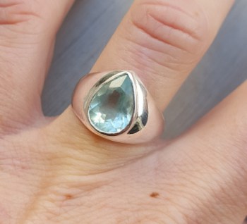 Zilveren ring met druppelvormige facet Aquamarijn 17 mm