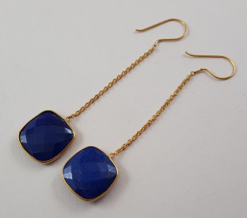 Goud vergulde lange oorbellen met vierkante Lapis Lazuli