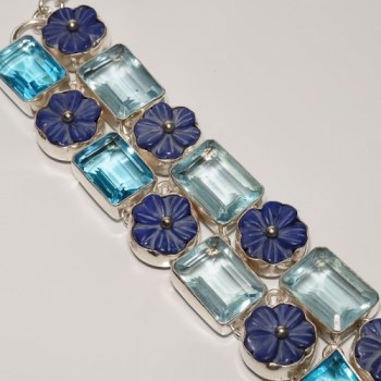 Zilveren edelsteen armband met blauw Topaas en bloem uit Lapis