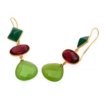 Vergulde oorbellen groene Chalcedoon, Onyx en roze Toermalijn