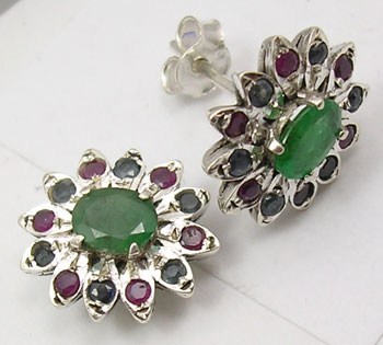 Zilveren edelsteen oorbellen met Emerald, Saffier en Robijn
