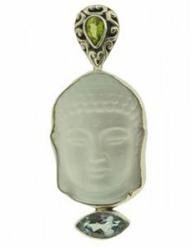Zilveren edelsteen hanger met Boeddha, Peridot en blauw Topaas