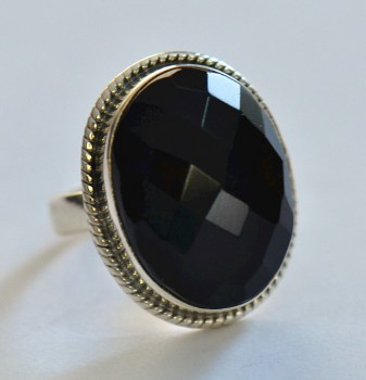 Zilveren edelsteen ring met facet zwarte Onyx ring maat 18 mm