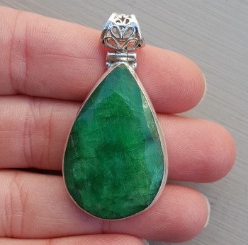 Zilveren edelsteen hanger druppelvorm facet Emerald