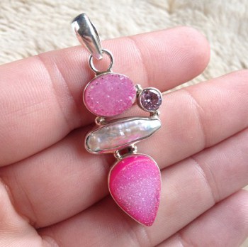 Zilveren hanger met druzy Agaat, roze kwarts en Parel