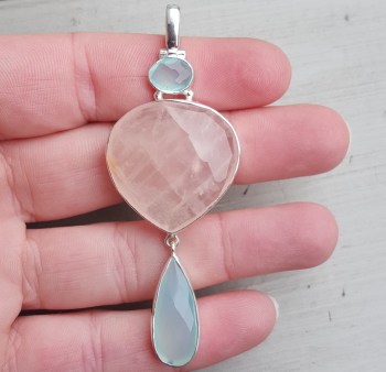 Zilveren hanger gezet met Rozenkwarts en aqua Chalcedoon