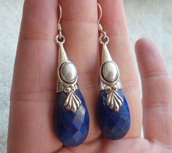 Zilveren oorbellen met facet Lapis Lazuli druppelvorm