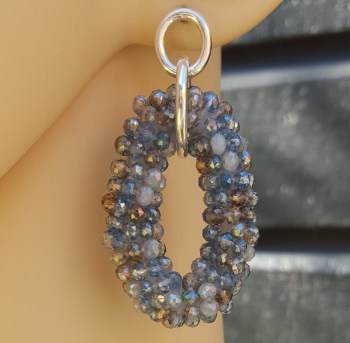 Zilveren oorbellen met ovale hanger van blauw / grijze kristalle