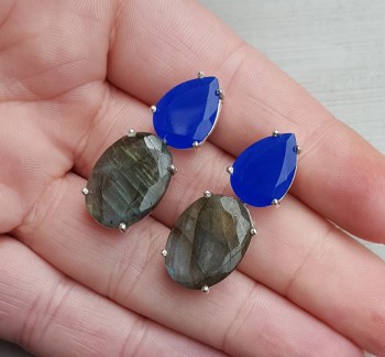 Zilveren oorbellen met kobalt blauw Chalcedoon en Labradoriet