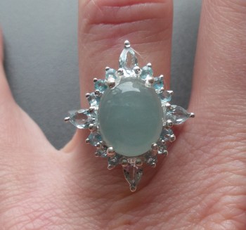 Zilveren ring gezet met aqua Chalcedoon en blauw Topaas 17 mm