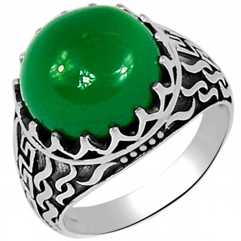 Zilveren ring gezet met ronde groene Onyx (mannen ring)