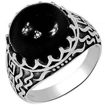 Zilveren ring gezet met ronde zwarte Onxy (mannen ring)