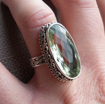 Zilveren ring ovale groene Amethist bewerkte setting 17.5 mm