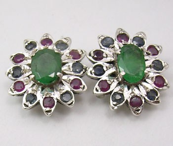 Zilveren edelsteen oorbellen met Emerald, Saffier en Robijn